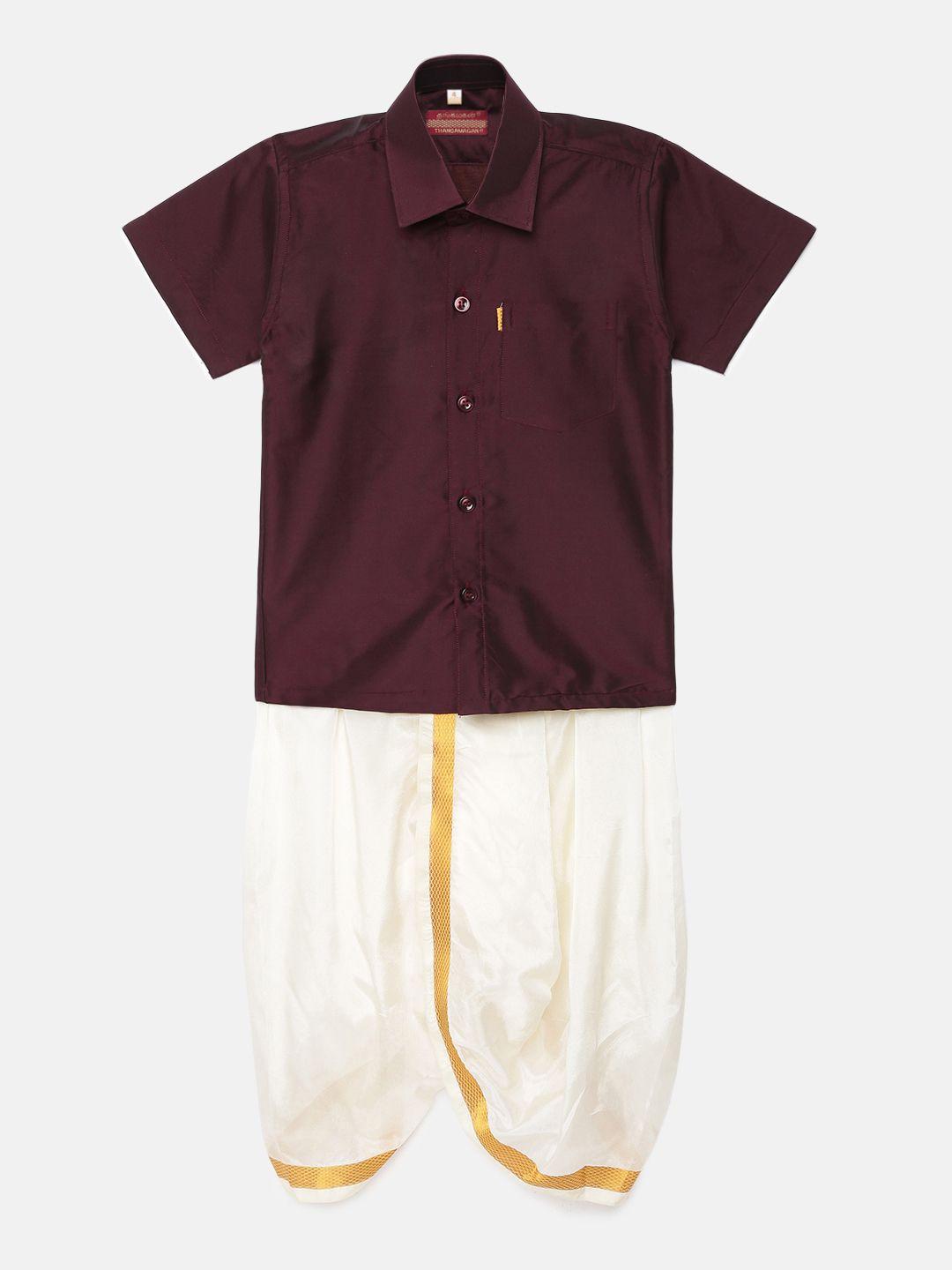 thangamagan boys maroon solid panjagajam & shirt set