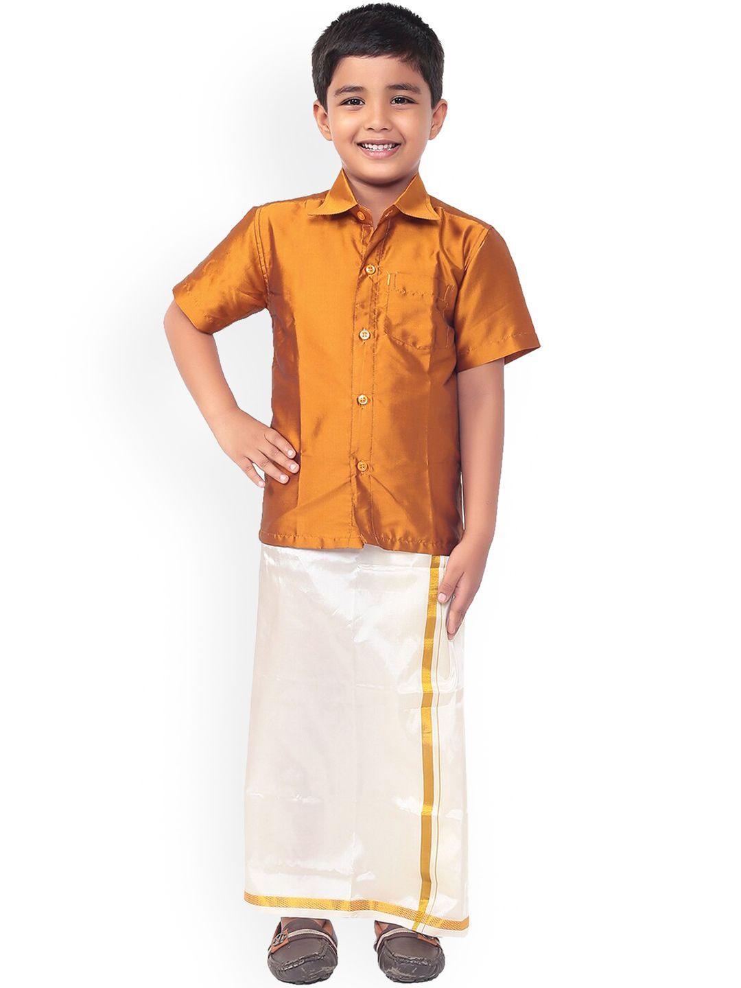 thangamagan boys mustard-coloured solid shirt and veshti