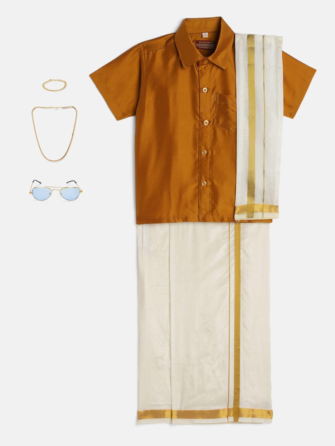 thangamagan boys mustard shirt with self-attaching dhoti, towel and freebies set