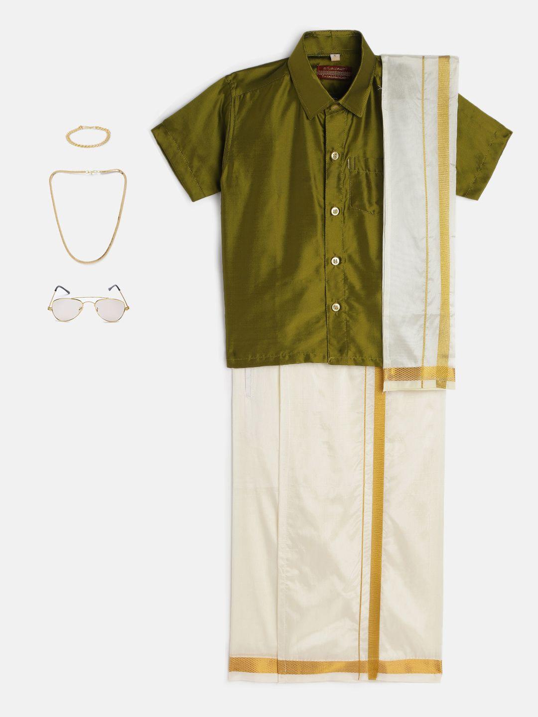 thangamagan boys olive green & cream-coloured solid shirt with dhoti pants & freebies set