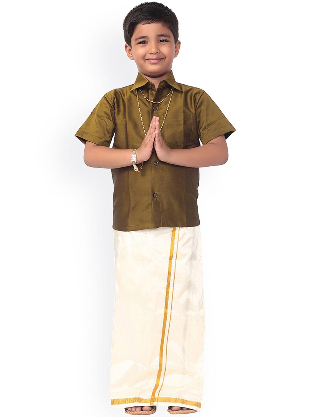 thangamagan boys olive green & cream-coloured solid shirt with veshti