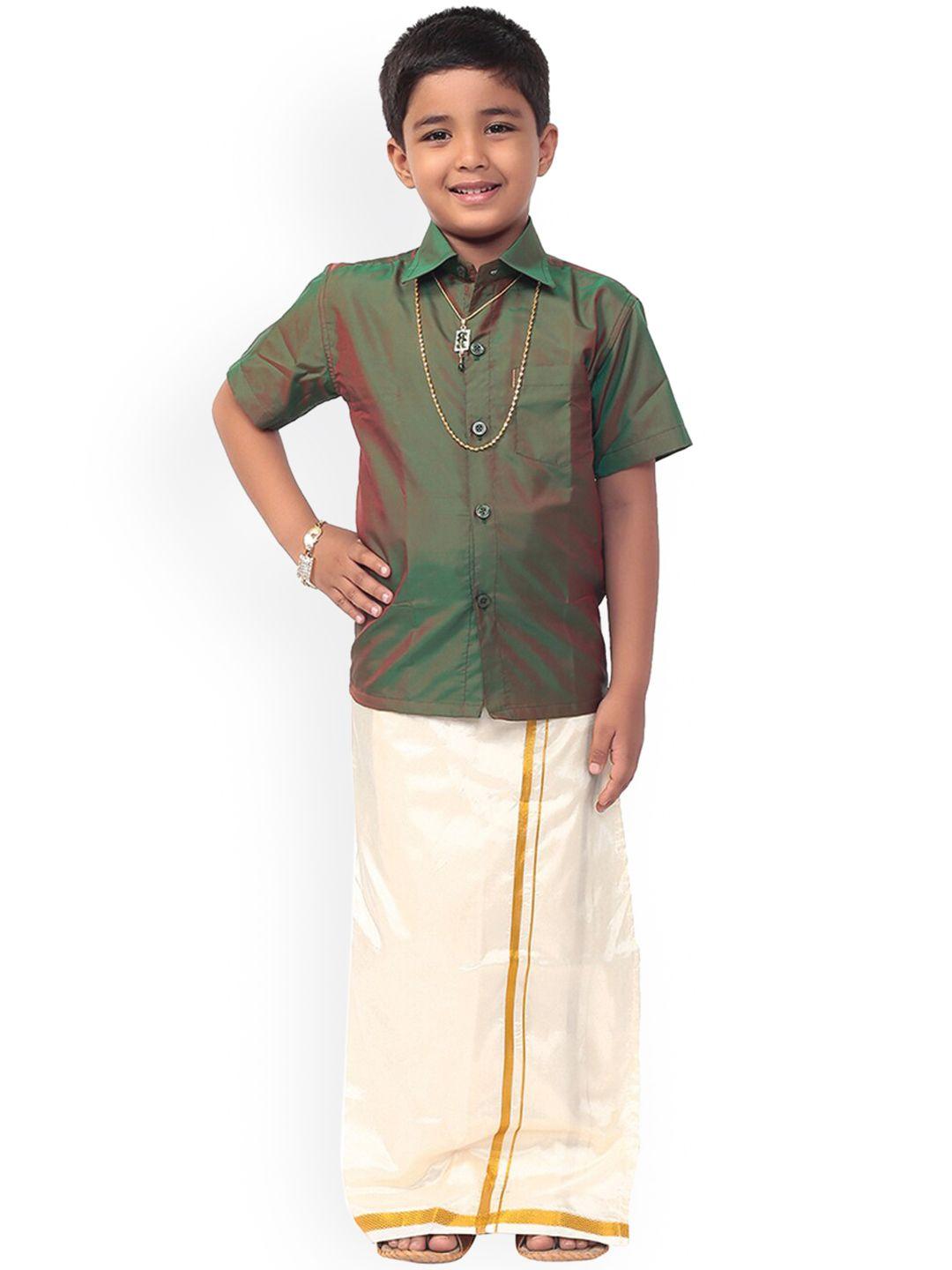 thangamagan boys olive green & white solid shirt and veshti