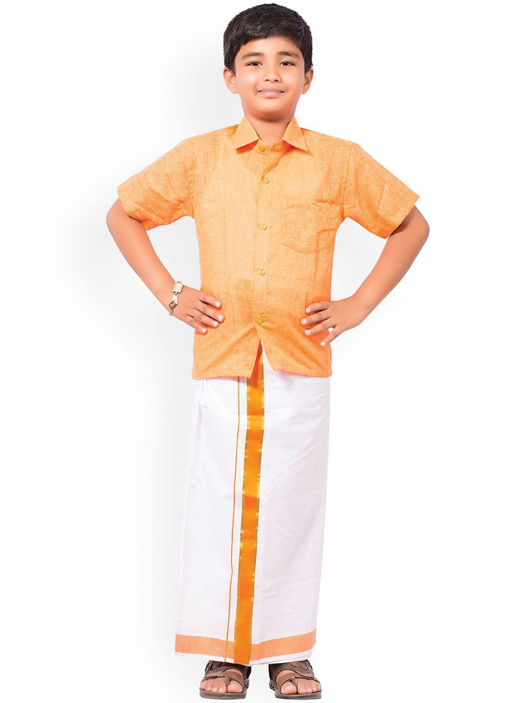 thangamagan boys orange & white solid shirt and veshti