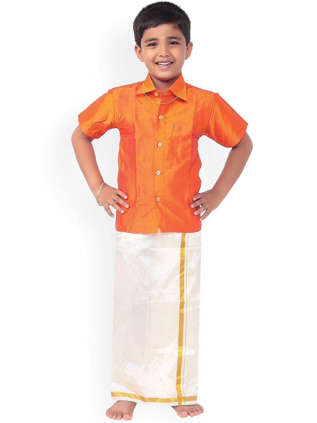 thangamagan boys orange & white solid shirt and veshti