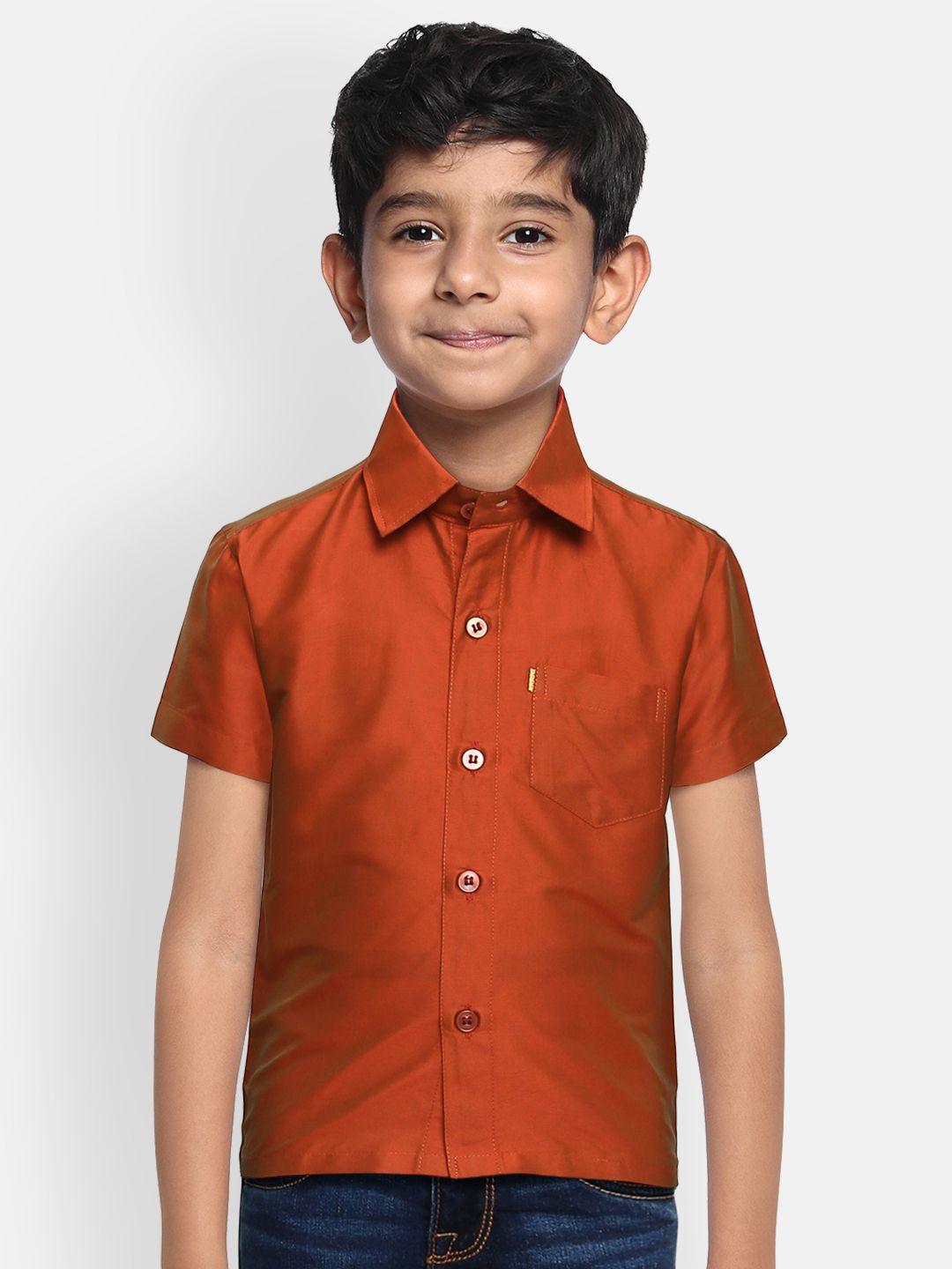 thangamagan boys orange regular fit solid ethnic silk shirt