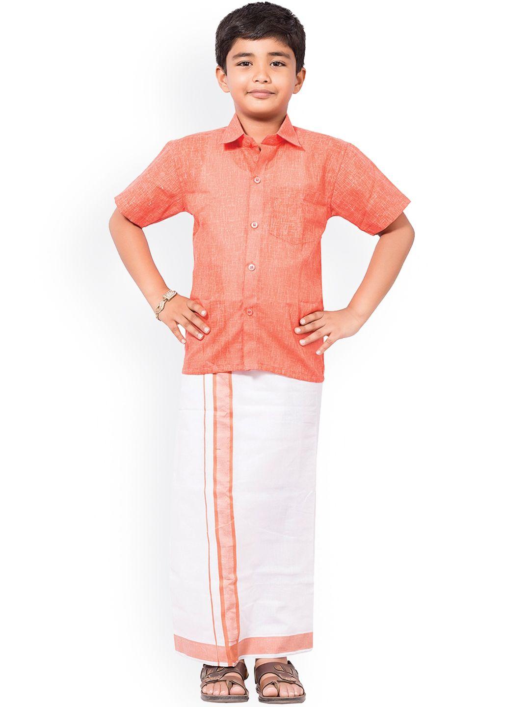 thangamagan boys peach-coloured & white solid shirt and veshti