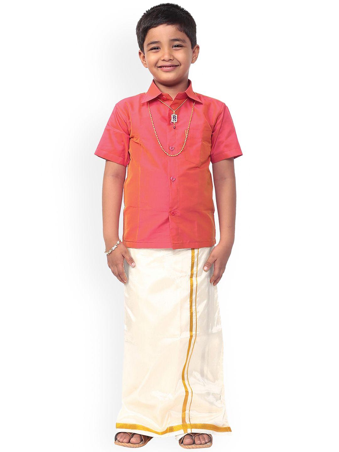 thangamagan boys pink & off-white solid shirt and veshti