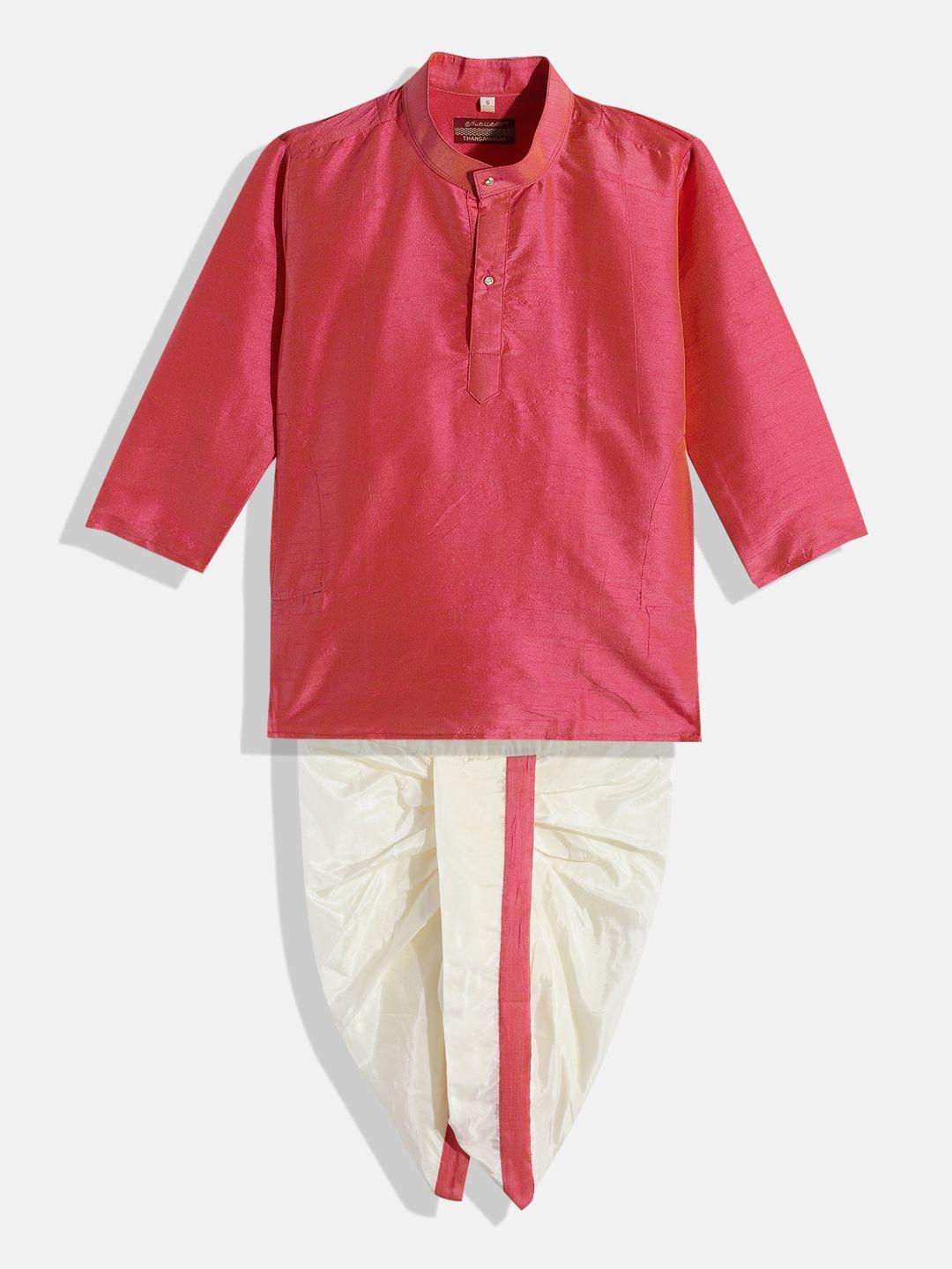 thangamagan boys pink & white shirt with dhoti pants
