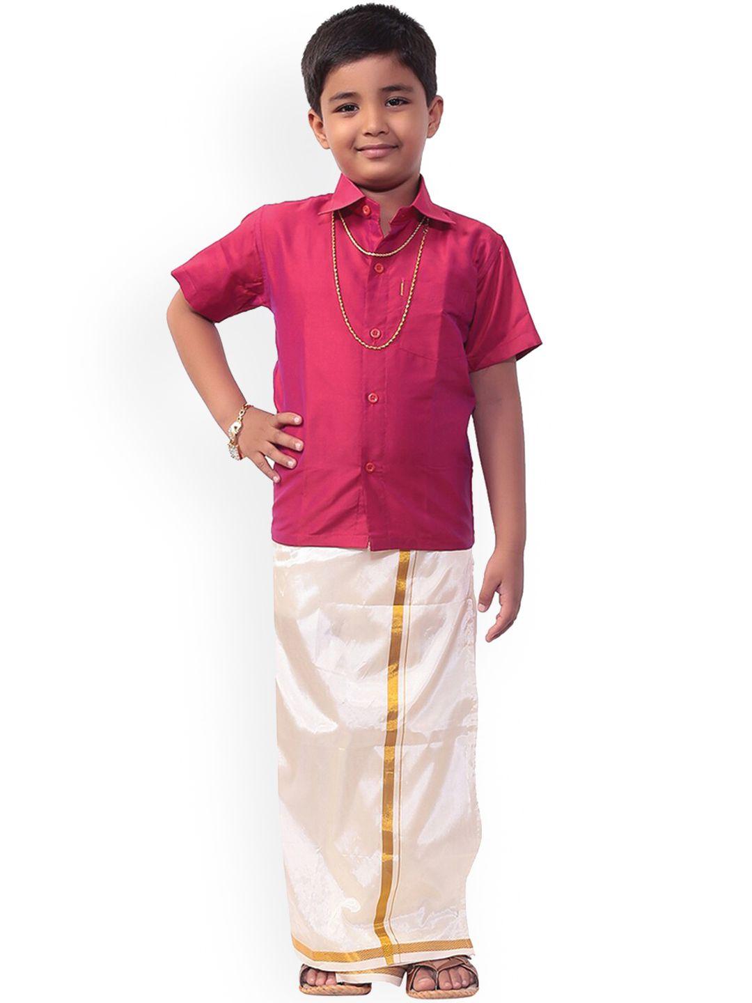 thangamagan boys pink & white solid shirt and veshti