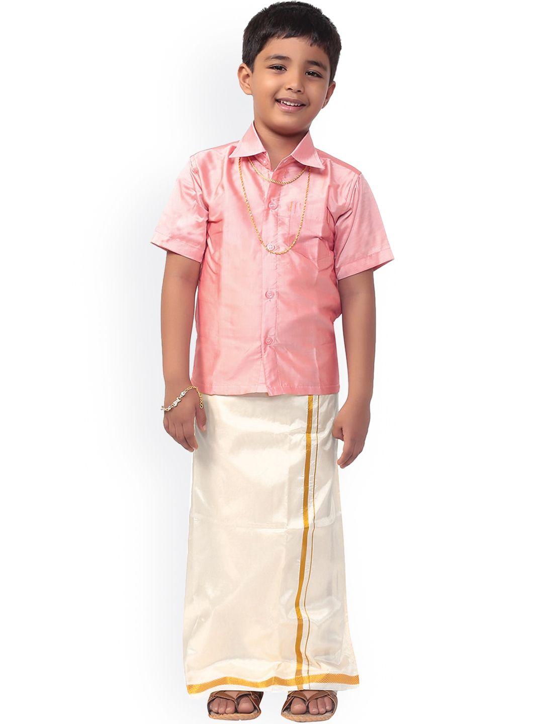 thangamagan boys pink & white solid shirt and veshti