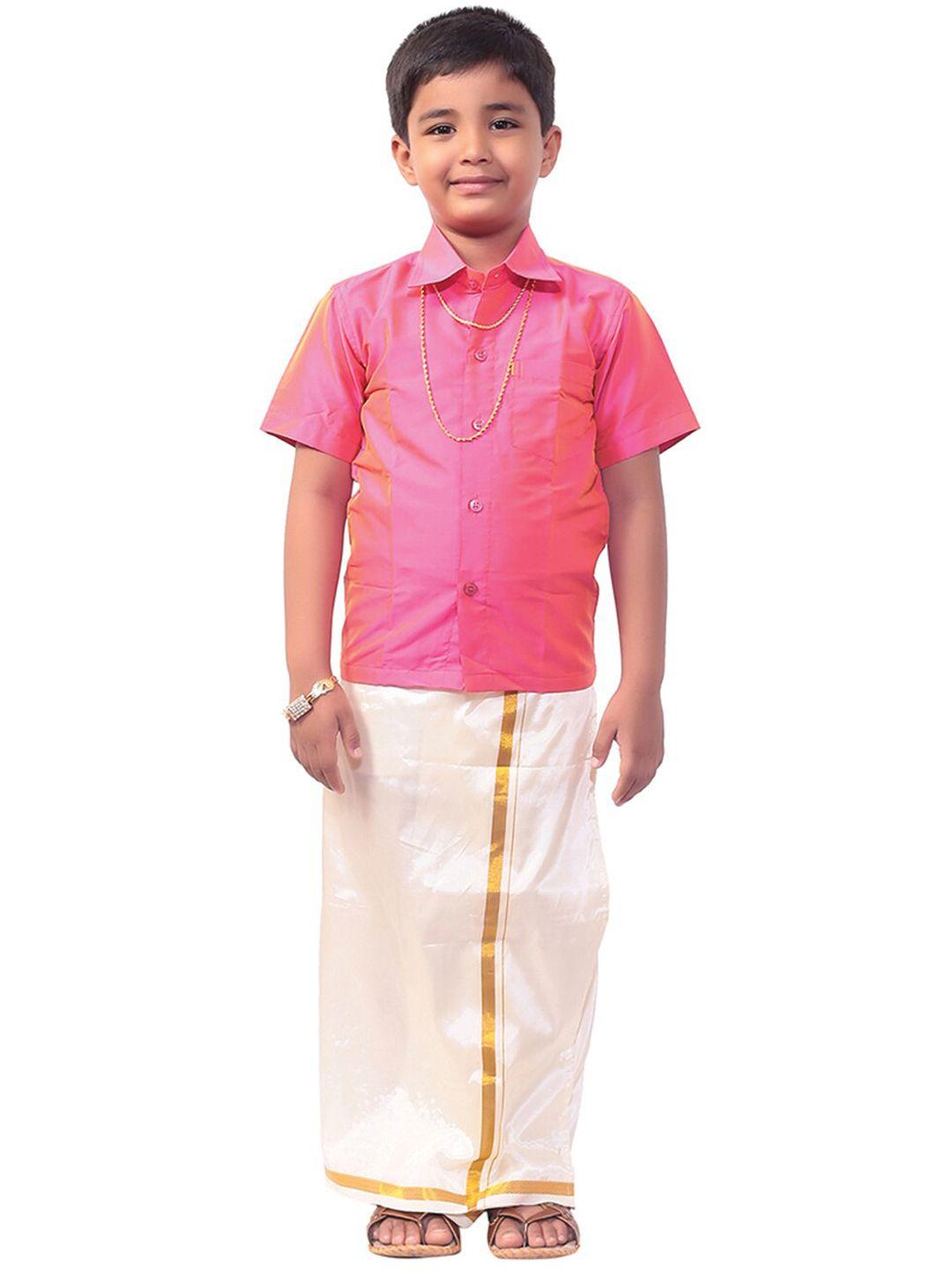 thangamagan boys pink & white solid solid shirt and veshti