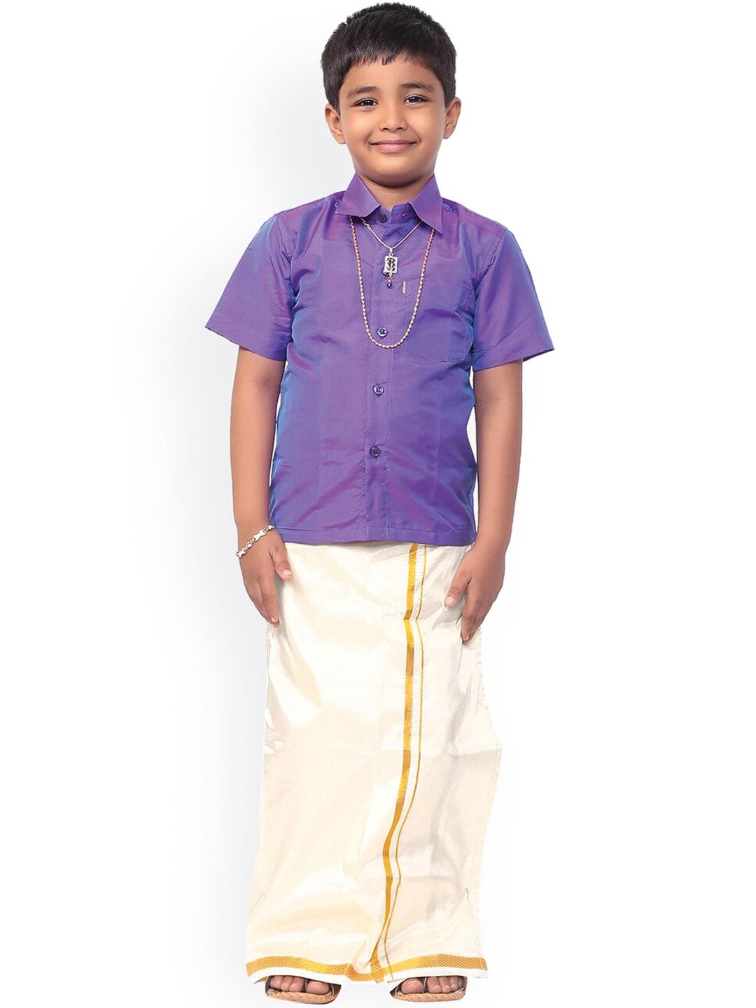 thangamagan boys purple & white solid shirt and veshti set