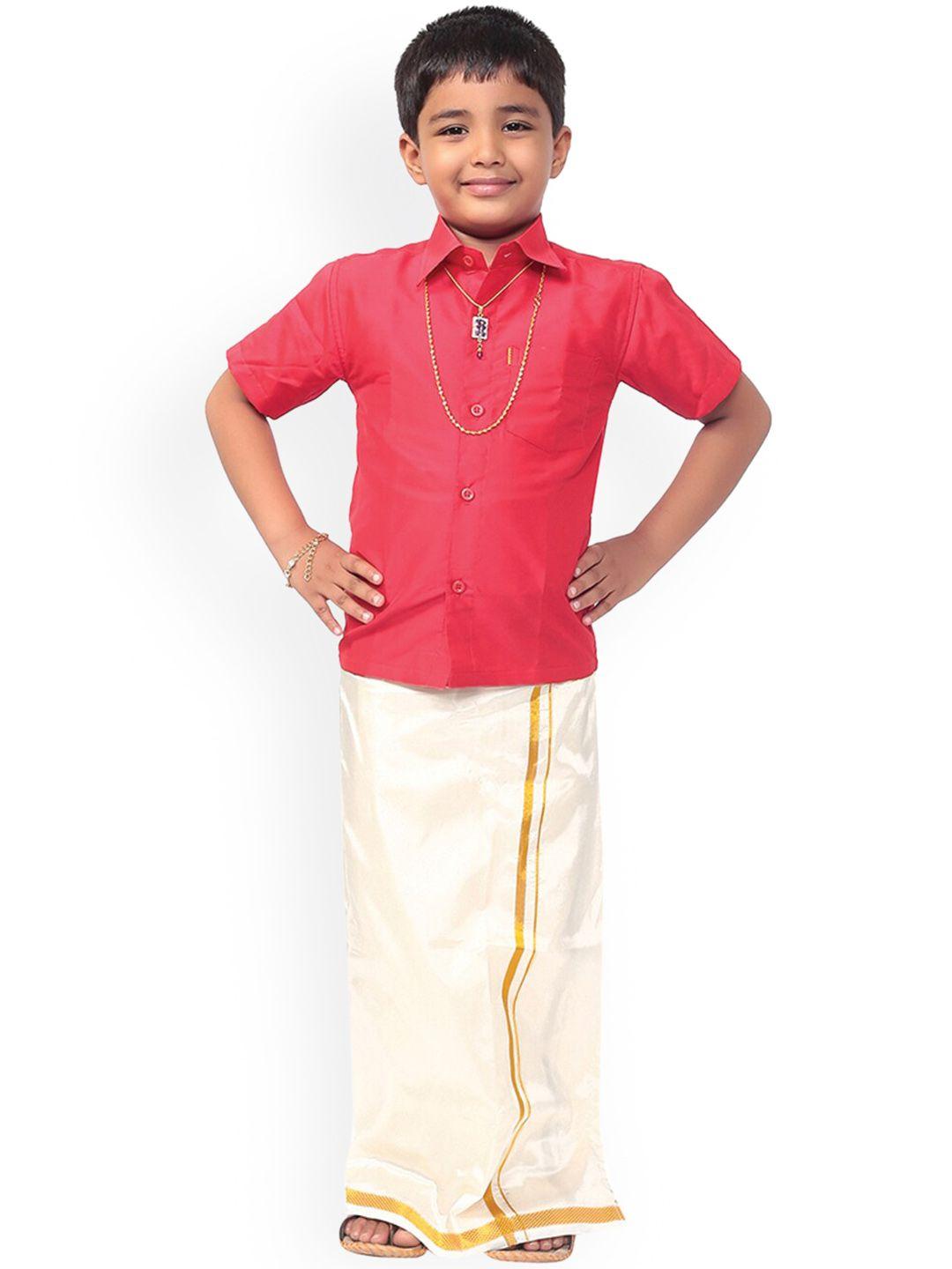 thangamagan boys red & off-white solid shirt & veshti