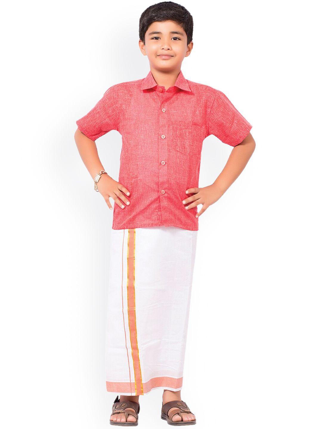 thangamagan boys red & white solid shirt and veshti