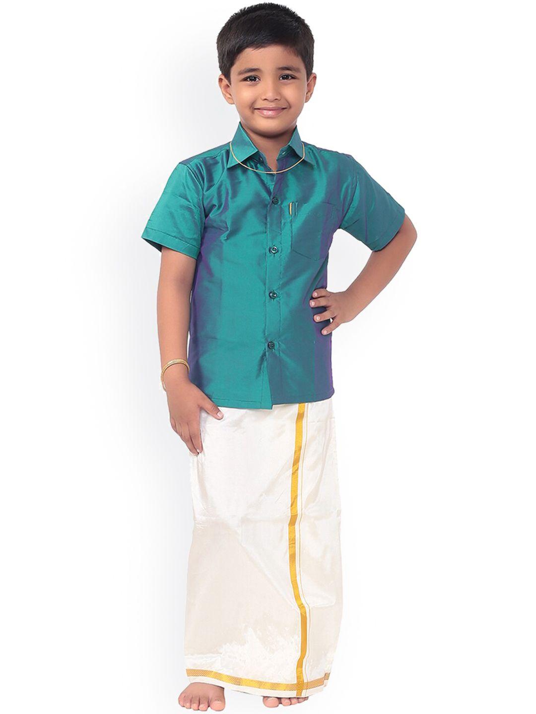 thangamagan boys teal blue & white solid shirt and veshti