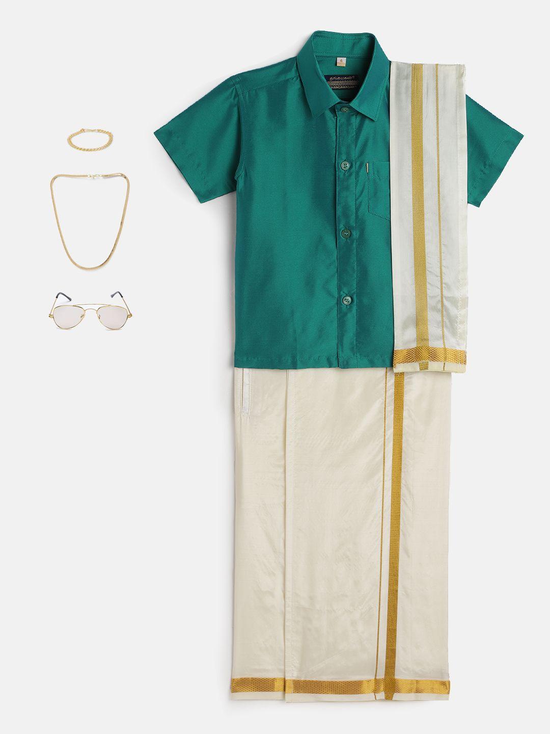 thangamagan boys teal green & cream-coloured shirt - lungi - angavastram & accessories