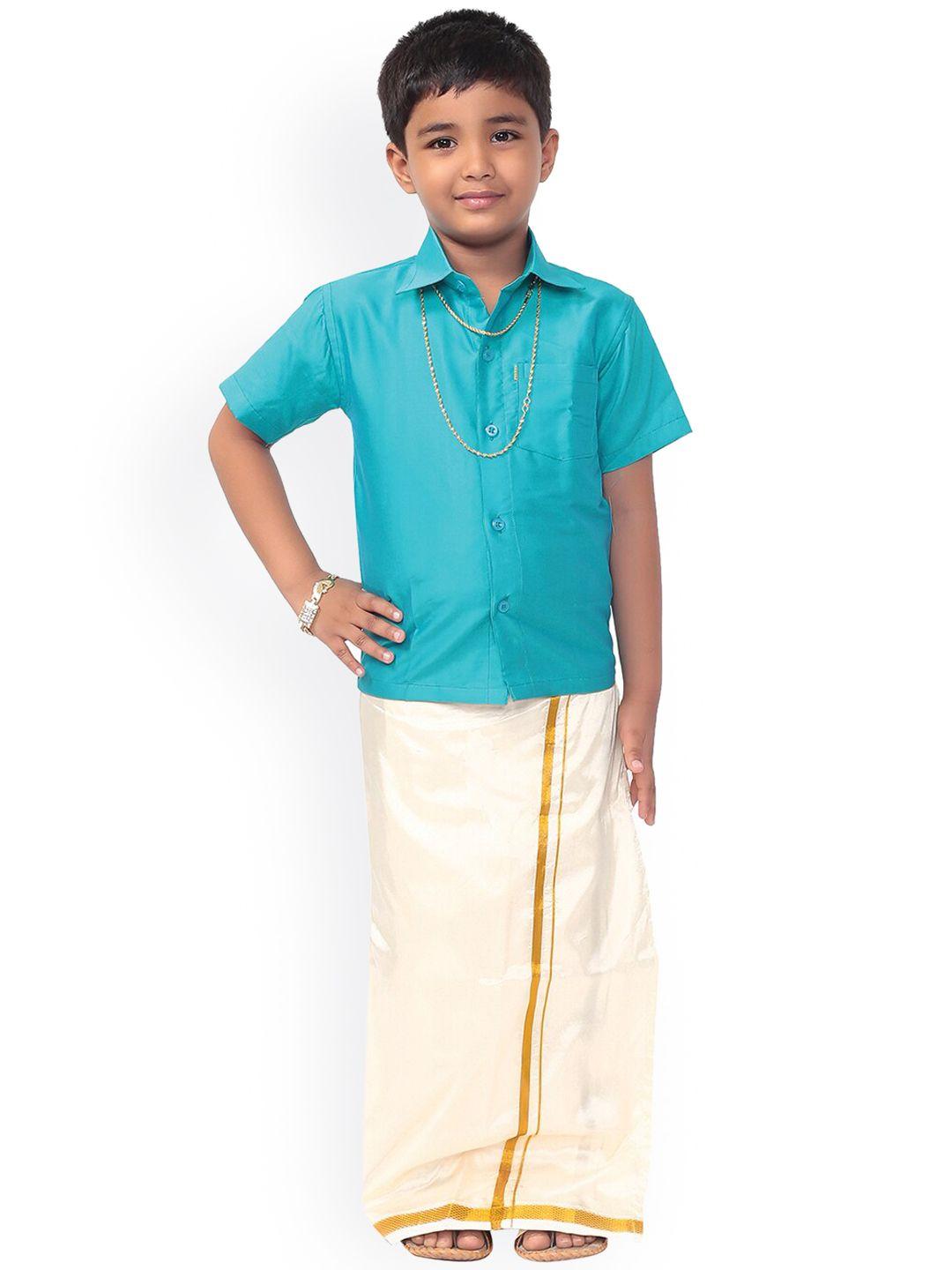 thangamagan boys turquoise blue & off-white solid shirt and veshti