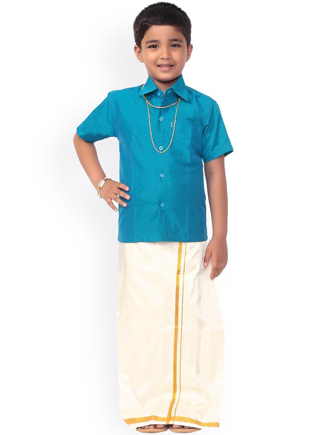 thangamagan boys turquoise blue & off-white solid shirt with veshti