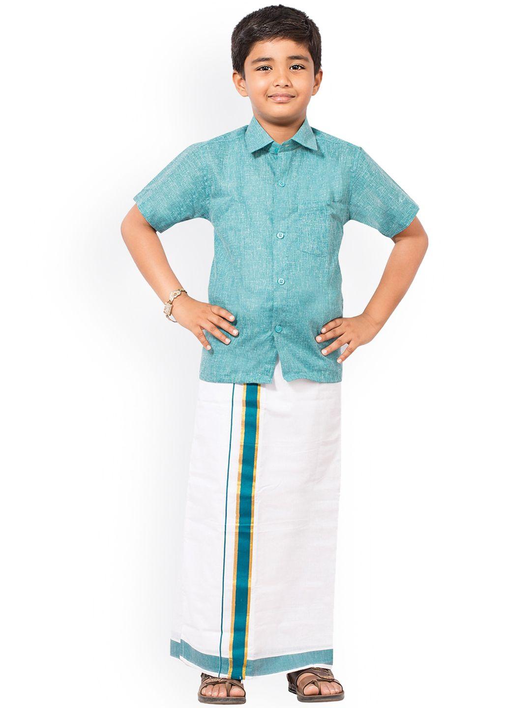 thangamagan boys turquoise blue & white solid shirt and veshti