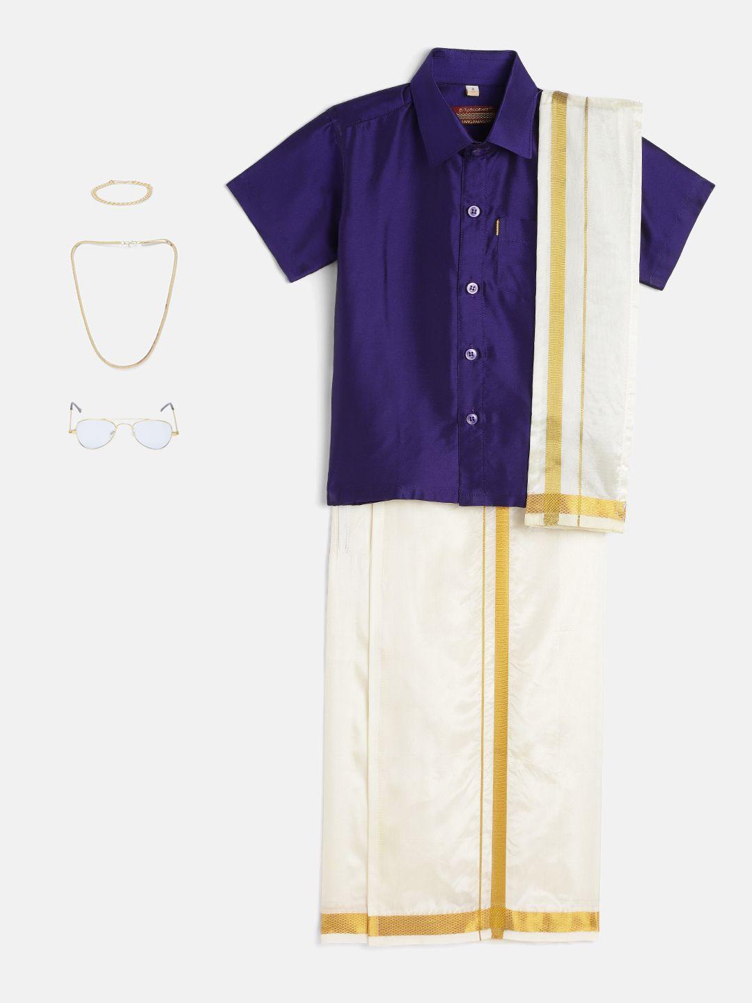thangamagan boys violet & cream-coloured solid shirt with dhoti pants & accessories set