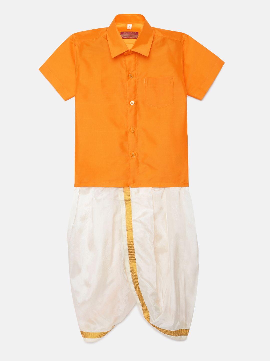 thangamagan boys yellow solid panjagajam & shirt set