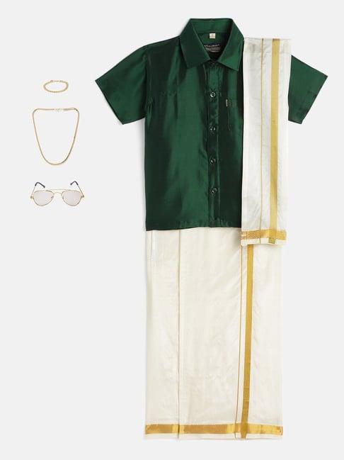 thangamagan kids dark green & cream solid  shirt,  dhoti,  towel with  freebies set