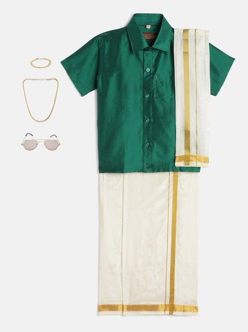 thangamagan kids green & cream solid  shirt,  dhoti,  towel with  freebies set