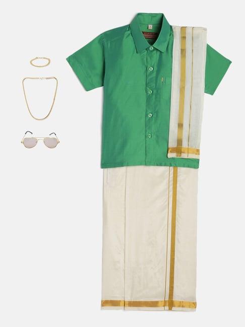 thangamagan kids light green & cream solid  shirt,  dhoti,  towel with  freebies set