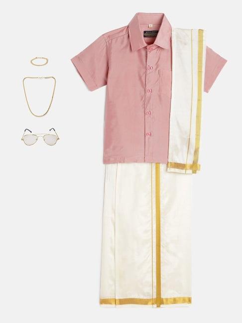 thangamagan kids light pink & cream solid  shirt,  dhoti,  towel with  freebies set