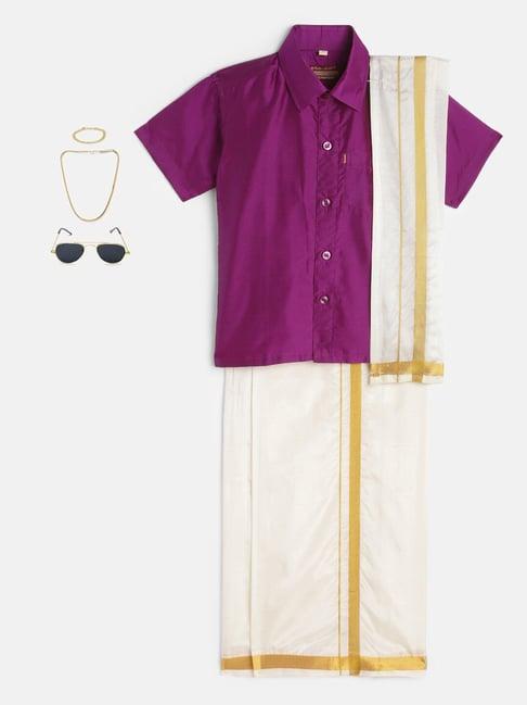 thangamagan kids magenta & cream solid  shirt,  dhoti,  towel with  freebies set