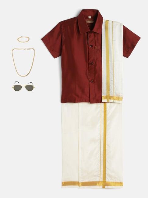 thangamagan kids maroon & cream solid  shirt,  dhoti,  towel with  freebies set