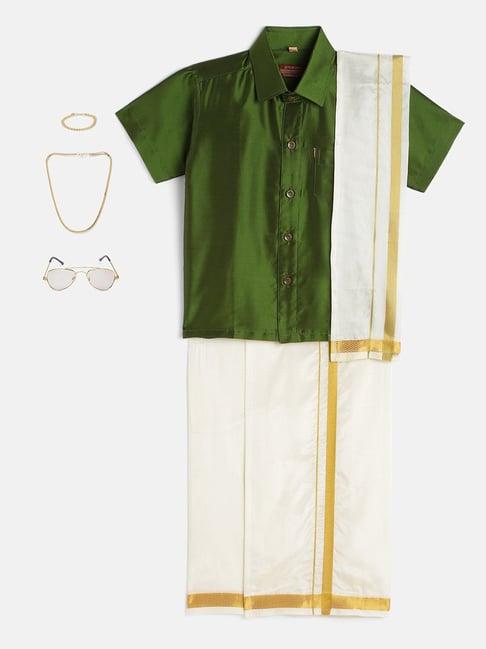 thangamagan kids olive & cream solid  shirt,  dhoti,  towel with  freebies set