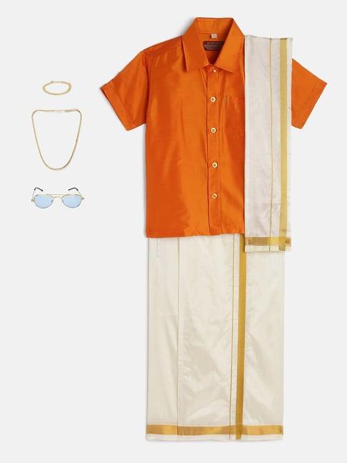 thangamagan kids orange & cream solid  shirt,  dhoti,  towel with  freebies set