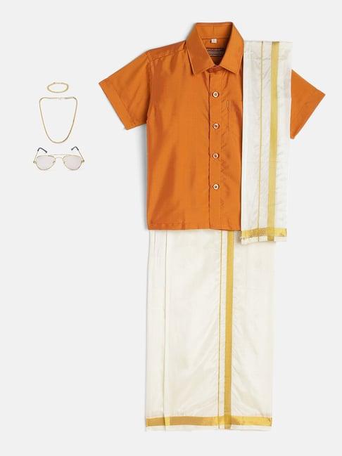 thangamagan kids orange & cream solid  shirt,  dhoti,  towel with  freebies set