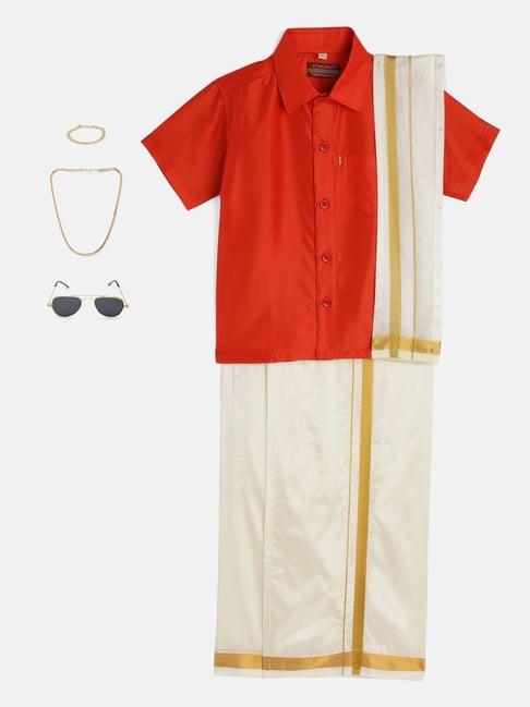 thangamagan kids red & cream solid  shirt,  dhoti,  towel with  freebies set