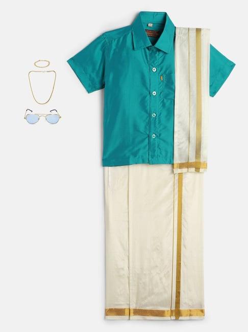 thangamagan kids turquoise & cream solid  shirt,  dhoti,  towel with  freebies set