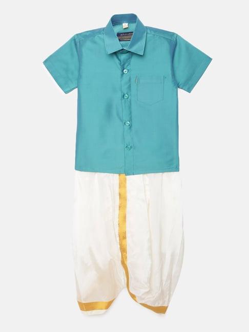 thangamagan kids turquoise & cream solid shirt with panjagajam
