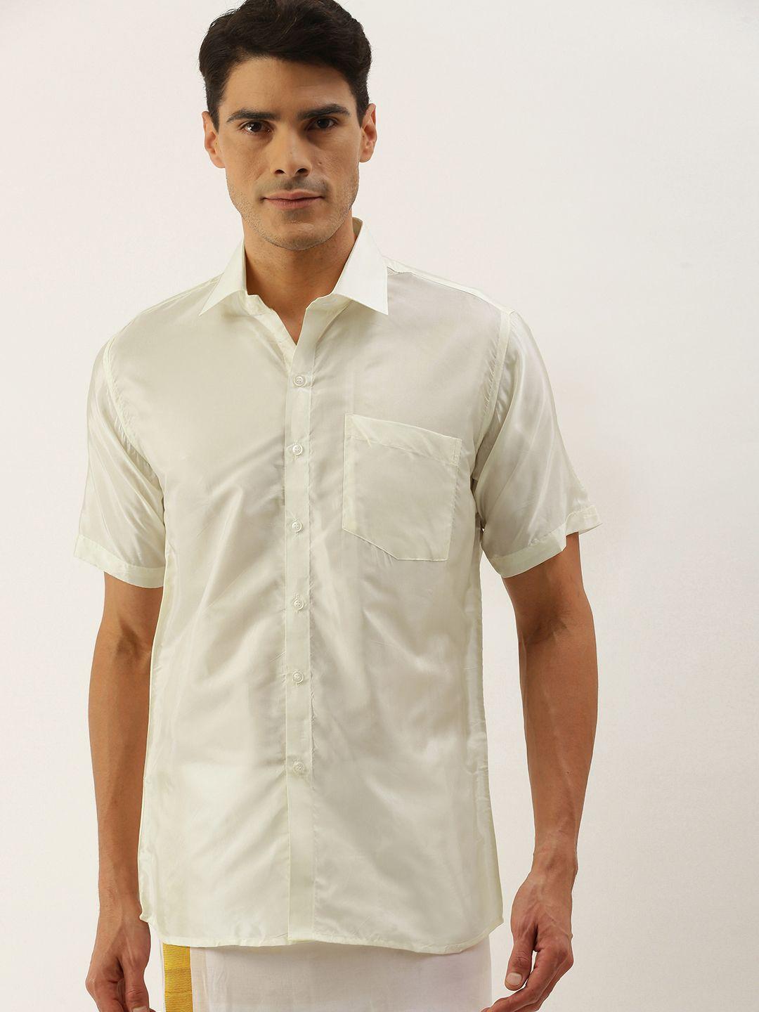 thangamagan men cream solid casual shirt