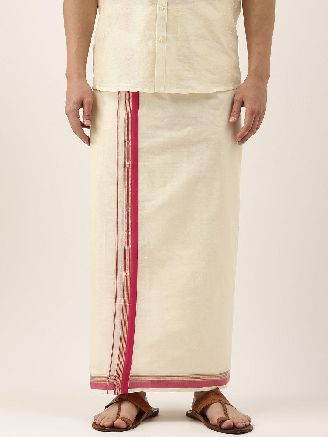 thangamagan men off-white & pink solid pure cotton dhoti with fancy border
