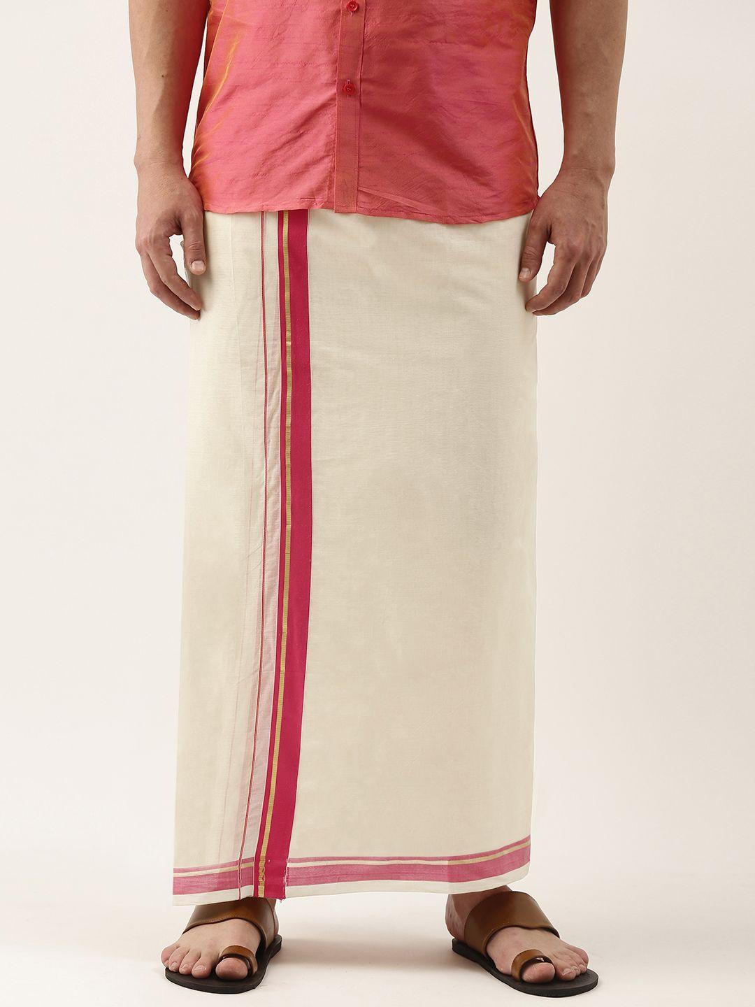 thangamagan men off-white & red solid cotton fancy border dhoti with stripe detail