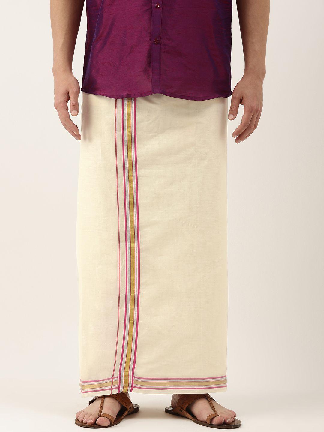 thangamagan men off-white solid dhoti with pink border