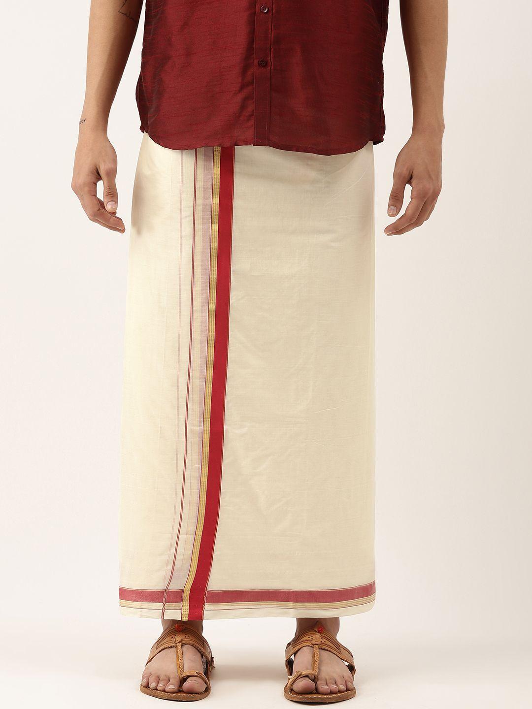 thangamagan men off-white solid dhoti with red border