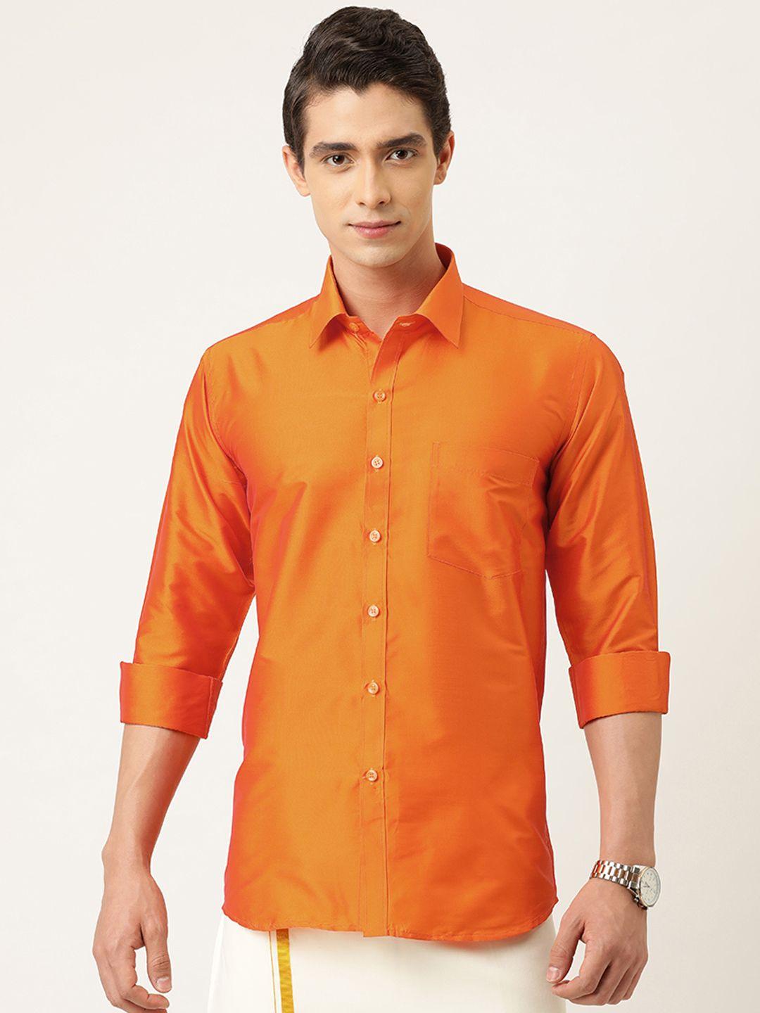 thangamagan men orange regular fit solid casual shirt