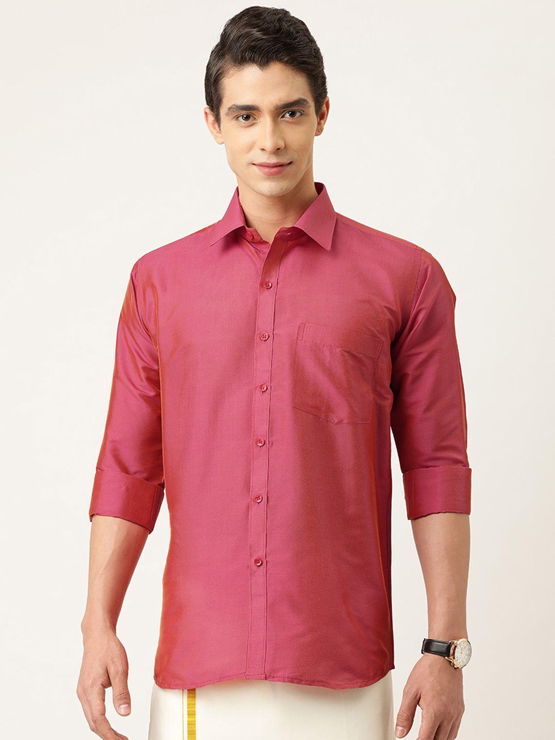 thangamagan men pink regular fit solid casual shirt