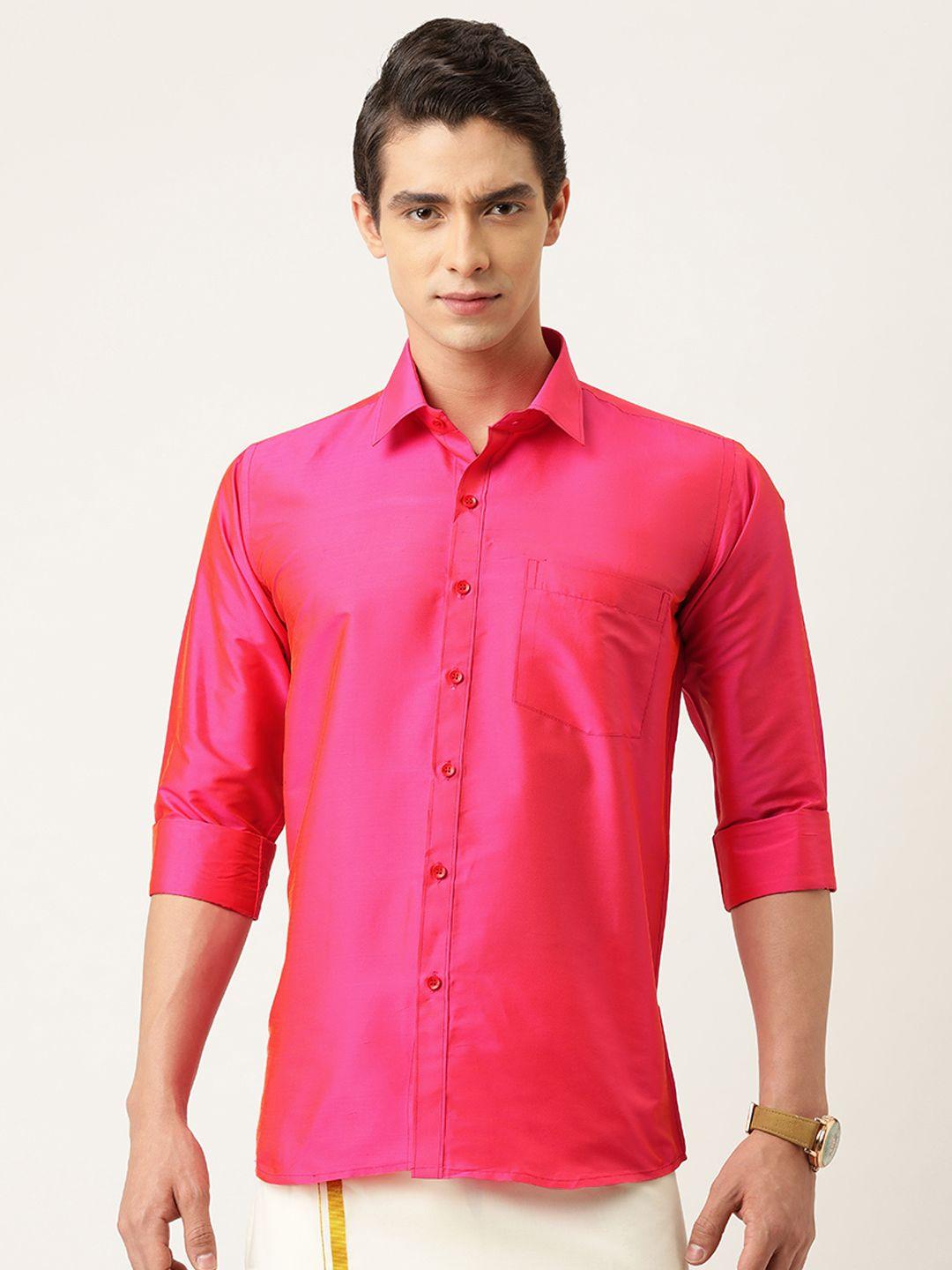 thangamagan men pink regular fit solid ethnic shirt