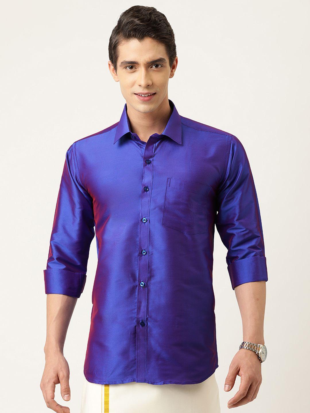 thangamagan men violet regular fit solid casual shirt