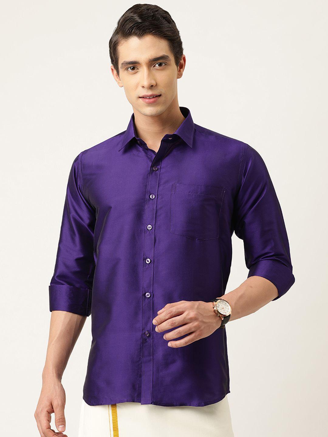 thangamagan men violet regular fit solid casual shirt