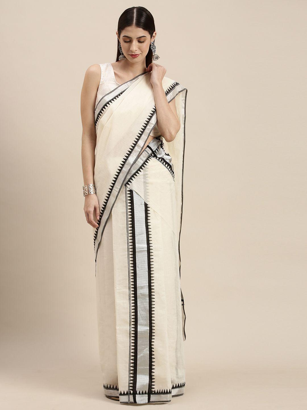 thara saree off white & black ethnic motifs print pure cotton kasavu handloom sarees