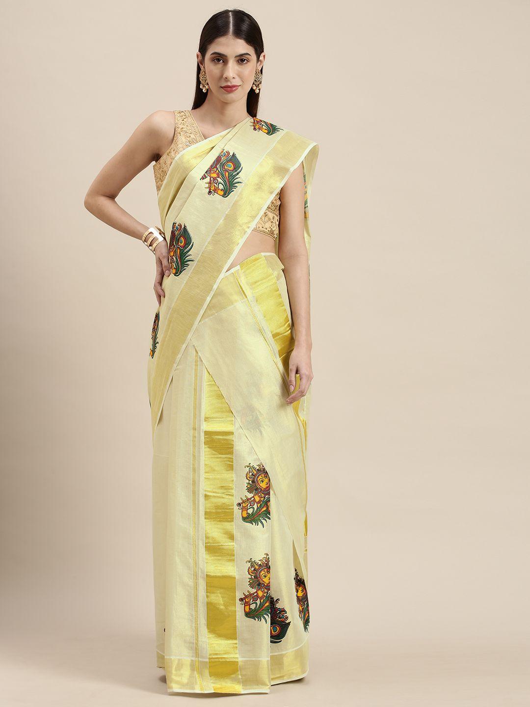 thara saree off white & gold-toned ethnic motifs zari pure cotton kasavu mundu sarees