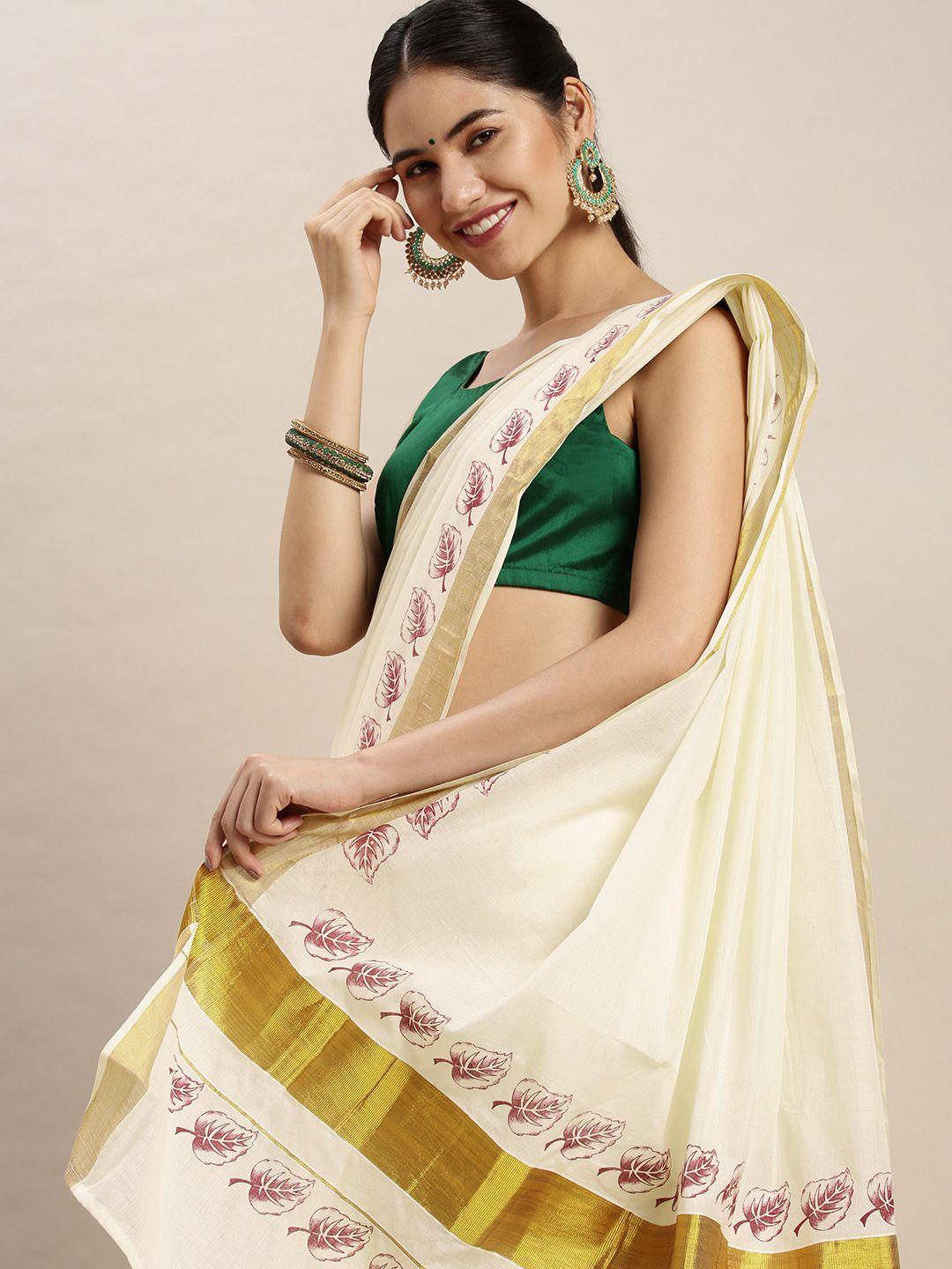 thara sarees off white & gold-toned ethnic motifs pure cotton kasavu saree